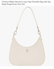 Tommy Hilfiger Logo Tape Shoulder Bag with Zip, Beige (sugarcane)