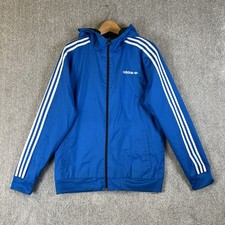Adidas Jacket Men M Blue Reversible Hooded Firebird Original Striped Windbreaker