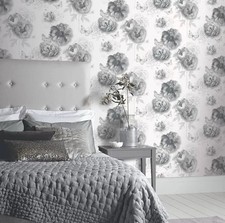 Arthouse Flower Garden Mono Wallpaper  Textured Vinyl Glitter Floral Butterfly..