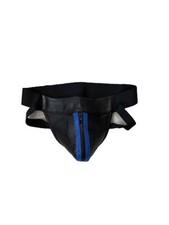 Men,s Leather Jockstrap With Blue Front strips With Central zip Elastic Waist
