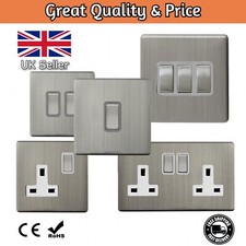 Brushed Steel Switches & Sockets Silver Satin Chrome White Insert Screwless Slim