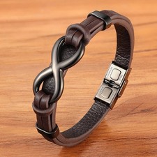 Luxury Genuine Leather Infinity Bracelet – Men’s Stainless Steel Buckle Jewelry