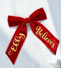 Girls Red Velvet Christmas Hair Bow Personalised Name Believes Santa Xmas Bow