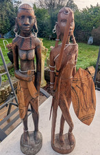 2 x AFRICAN TRIBAL STATUES * Warrior Man + Woman * Ethnic Hand Carved 2ft tall