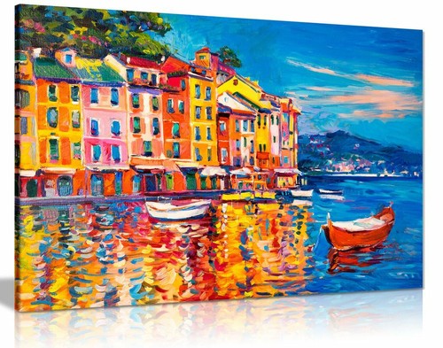 Colourful oil painting boats - colourful,