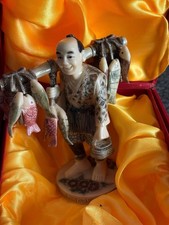 Chinese Fisherman Carrying Fish In Red Box With Orange Lining Good Condition