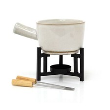 Stoneware Fondue Set | Ceramic Chocolate Tea Light Fondue Pot with 2 Forks