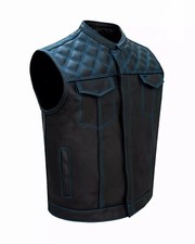 Men's Leather Motorbike Blue Thread Diamond Stitching Vest