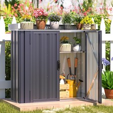 Metal Garden Storage Box Cabinet, Waterproof Small Shed w/ Double Doors&Shelves