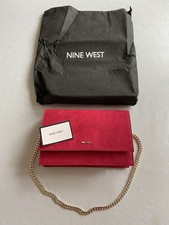 Nine West Cerise Suede Clutch/Shoulder Bag With Gold Chain and Detachable Strap