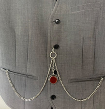 vintage type double albert silver plated pocket watch chain spinning fob stone b