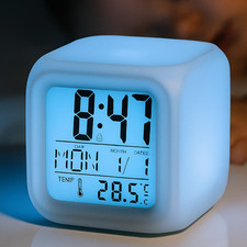 LED Digital Silent Alarm Clock 7 Colors Glowing Bedside Snooze Time Night Mode