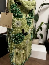 Green beaded bag with apples - green,
