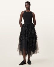 AllSaints Women's Peasant Midi Skirt Black Size 14 Ruffle Lined