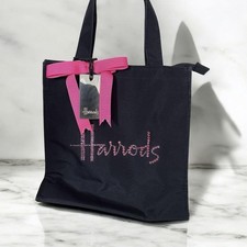 Rare Harrods Swarovski Black Tote Bag Pink Ribbon Gold Plate
