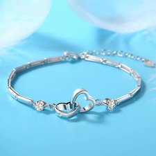 925 Sterling Silver Crystal Heart Linked Bracelet Women Girls Jewellery Gift UK