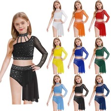 Kids Girls Shirt With Skirts Salsa Crop Top And Skirt Mesh Leotard Skating Gym