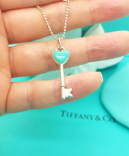 Tiffany & Co. Sterling Silver Enamel Heart Key Charm Pendant beaded 18" Necklace