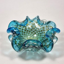 Vintage Murano Glass Dish Bowl Blue Clear Gold Silver Foil Italian 60s 70s