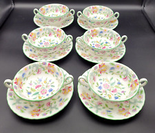Minton Haddon Hall Green Wavy Edge Twin Handled Soup Bowl and Saucer Set of 6