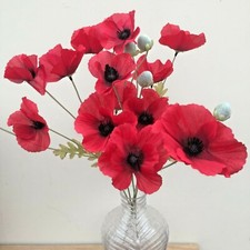 Bunch of Red Artificial Field Meadow Poppies,4 stems,12 Silk Poppy Heads,5 buds 