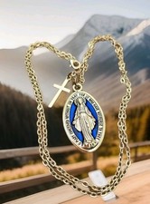 Blue & silver religious  Mary pendant cross 30" 76cm large rolo chain necklace