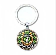 Lucky Number 7 Keychain Horseshoe & Clover Design, Good Luck Charm Gift 2D