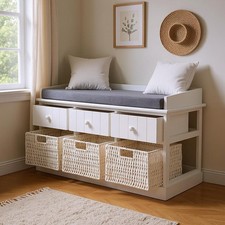 Hallway Bench Rack Window Seat Wicker Basket Storage Drawers Cabinet Shoes Stool