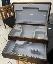 Vintage EMPTY Cutlery Canteen Box Dark Wood With Drawer Grey Felt Interior MS1