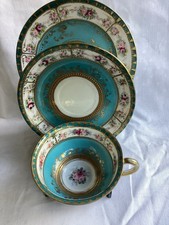 Noritake Trio Cup Saucer Side Plate Rose Design Blue Raised Gold Gilt Vintage