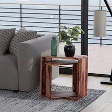 Space Saving Nesting End Tables Solid Wood Sheesham Natural Side Coffee Set