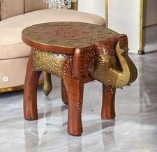 Indian Handmade Wooden Elephant Shape Brown Multi Decor Side Table Statue Table