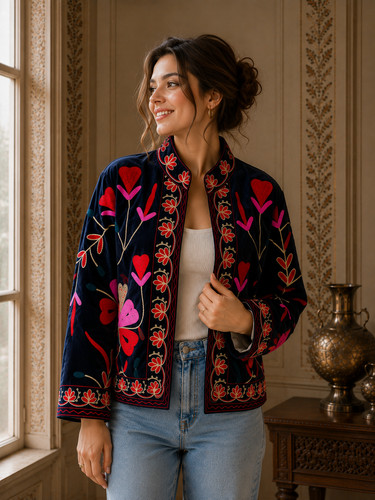 Blue pink velvet suzani - &,