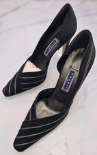 VTG 80s Magrit High Heels Black Satin EU39.5 UK6.5 US9 Silver Stripe Court Shoes