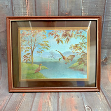 Vintage Foil Art F Osborne Mallard Ducks Flying Riverside Metallic Print Framed