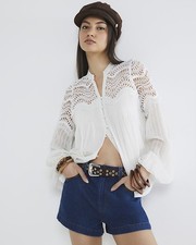 River Island Womens Blouse White Long Sleeve Pleated Lace V-Neck Embroidery Top