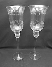 Pair of Tall Vintage Elegant Etched Glass Hurricane Candle Vases