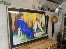 Large Framed Art Work Mid Century Reclining Lady Cubist Picasso Blue Yellow Gold