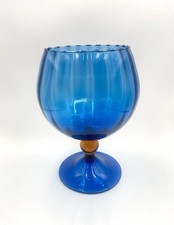 Blue Glass Brandy Balloon Vase 9” High Hand Blown Made In Italy 60s-70s