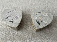 Pair of Small Oval Soapstone Trinket boxes with flower inlay on lid