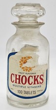 Vintage Chocks Fruit Flavored Vitamins Pill Bottle Glass Jar w/ Stopper Medicine