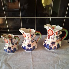 Vintage old  set of 3  Allerton's Gaudy Welsh pottery Jugs snake handle swansea