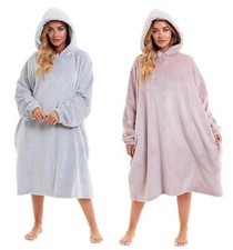 Womens Plush Hooded Poncho Blanket Oversized Thermal Hoodie Top Long Length