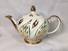 Mid Century Ellgreave Burslem Leaf Pattern Ironstone Teapot W/ Gold Accents