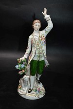 LARGE SITZENDORF GERMAN PORCELAIN FIGURE SHEPHERD FIGURINE - MAN AND HIS SHEEP