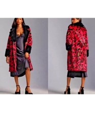 NEW ANTHROPOLOGIE MAEVE Leopard Colorblock Faux Fur Coat Midi Hot Pink Size M