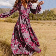 V-Neck Oversize Dress Patchwork Puff Stylish Long Dresses Maxi Women Sleeve+