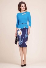 TEAL BLUE FASHION DESIGNER WOMEN DRESS WITH TULIPS AND BELT