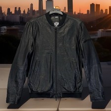Superdry lamb skin leather bomber jacket size medium mens black Zip Up