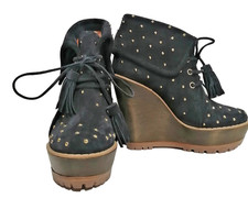 New Mulberry Navy Suede Wedge Boots with Metal Studs and Tassel Details Size 4